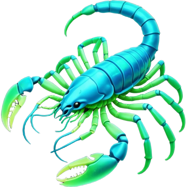 3D render of Radioactive Scorpion, bioluminescent deep sea style, glowing neon blue and green lights, dark background to contrast the glow, translucent organic textures. emoji