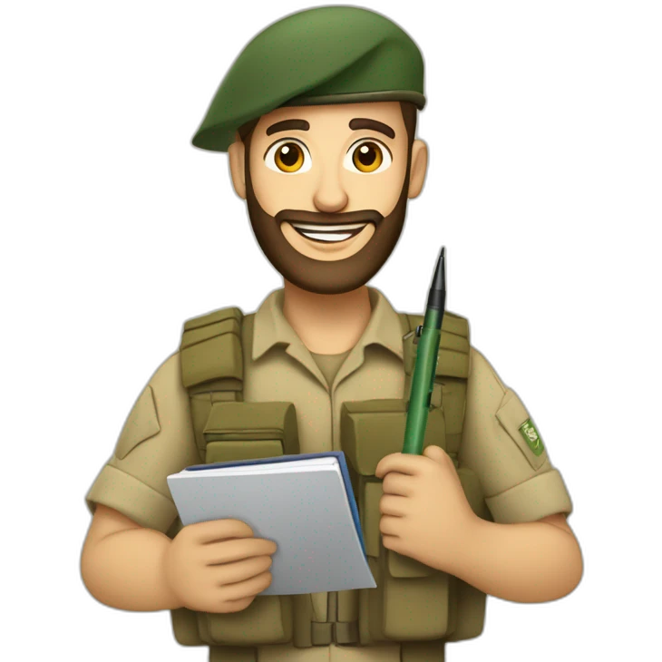 pale brown bearded israeli flag IDF soldier happy holding notebook and pen and stationary emoji