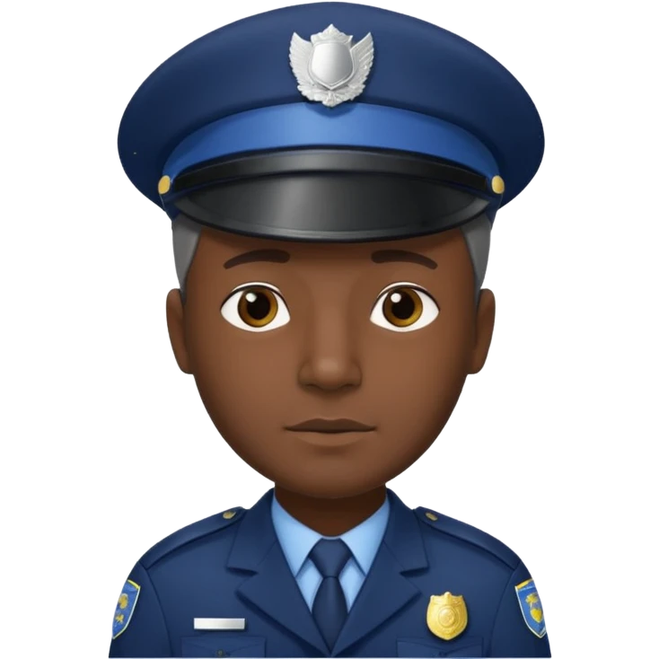 A dark-skinned man wearing a navy police hat with a silver badge, facing forward with a neutral expression. emoji
