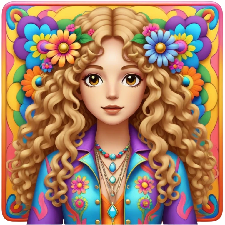 Create a 3D ultra detailed psychedelic colored square hippie style flower border with a gorgeous hippie in the center with long curly hair, bell bottoms, and a fringed jacket emoji