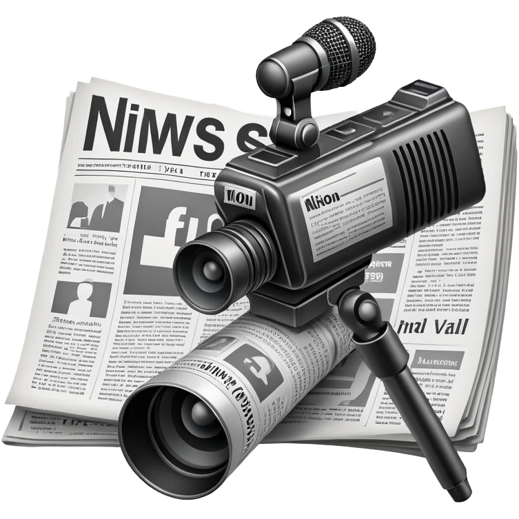 An icon featuring a microphone, a newspaper, a professional camera Nikon D5, representing journalism and mass media. The design includes headlines and imagery, symbolizing the spread of news and information. Transparent background highlights the power of communication and media. emoji