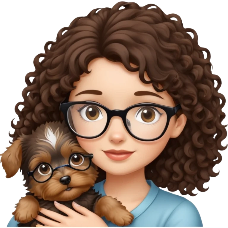 Brunette girl with glasses and curly hair embracing a yorkshire terrier puppy emoji