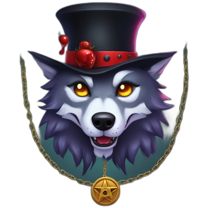 demonic wolf with pentagram top hat and a demonic chain and a mysterious night emoji