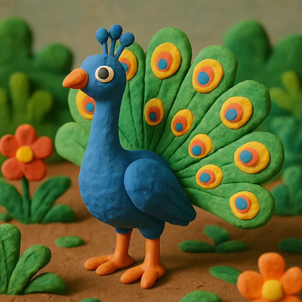 peacock standing in a garden, playful and vibrant, textured look, claymation style emoji