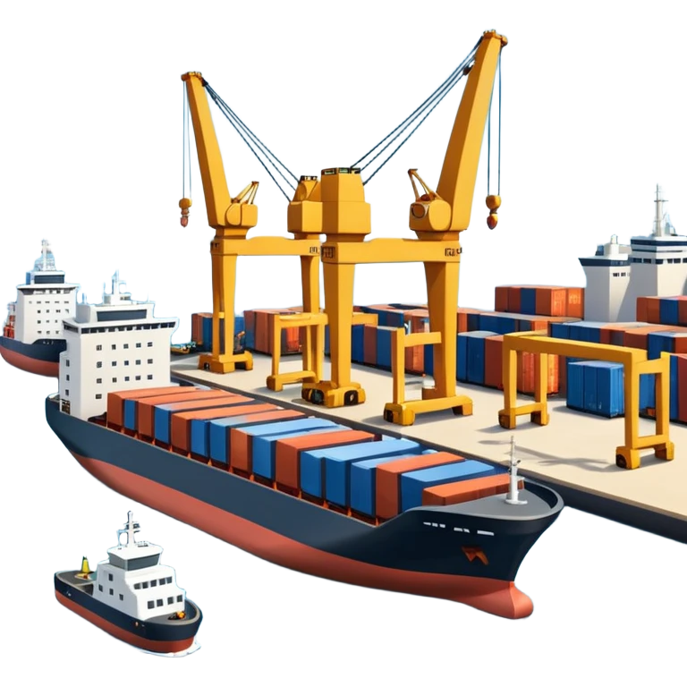 A 3D cartoon cargo or passenger seaport terminal with cranes and ships docked, calm lighting, Memoji-style realism. emoji