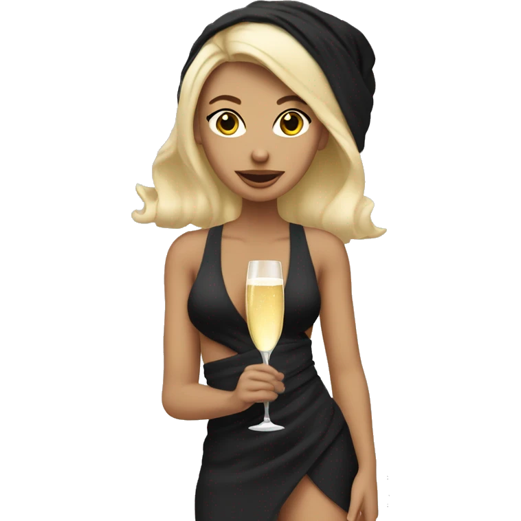 Girl with towel wrapped around her head and body holding a champagne glass and bottle in black high heels  emoji