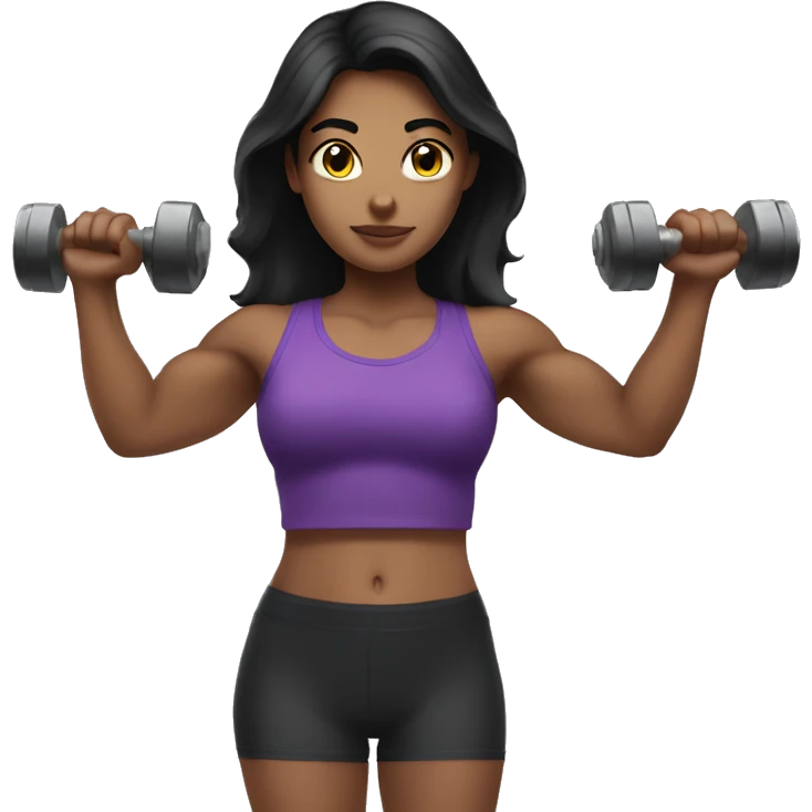 dark haired girl holding a dumbbell while having big arms emoji