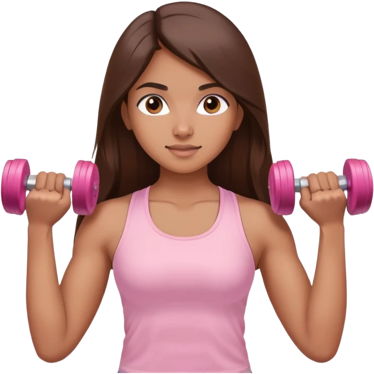 a north-east indian girl with long brown hair wearing a soft pink gym top lifting dumbbells with her hands emoji
