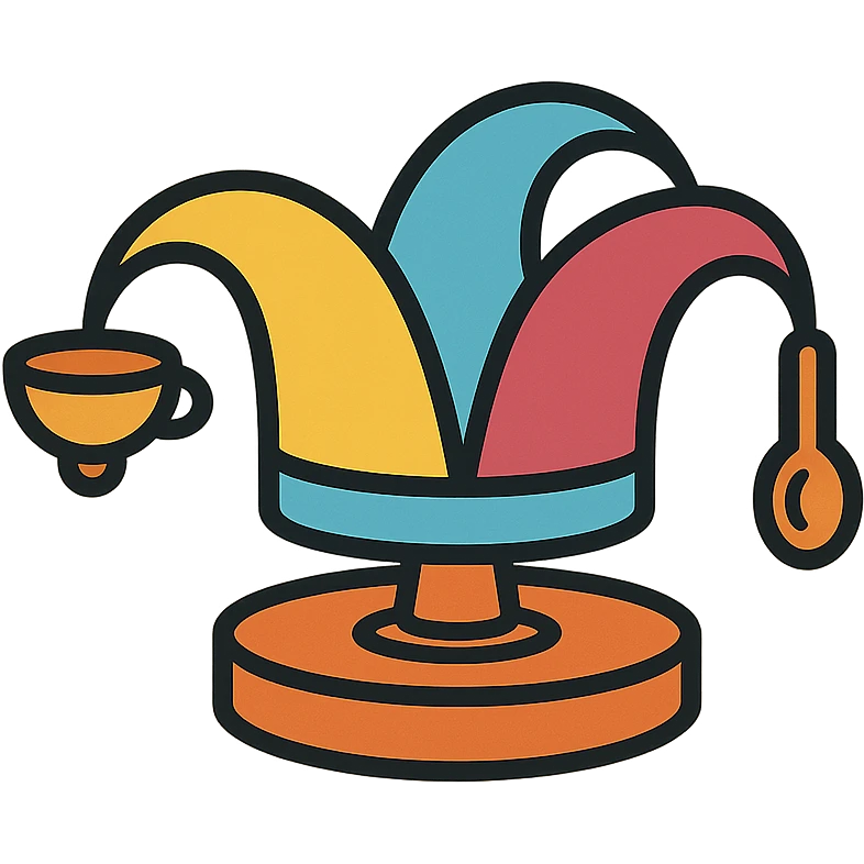 modern vector logo of a jester's hat with ceramic glaze effect, pottery wheel base, one bell is a clay bowl, another is a wooden spoon, warm inviting palette yellow, sky blue, raspberry red, playful, elegant, branding-ready for culinary and pottery workshop emoji