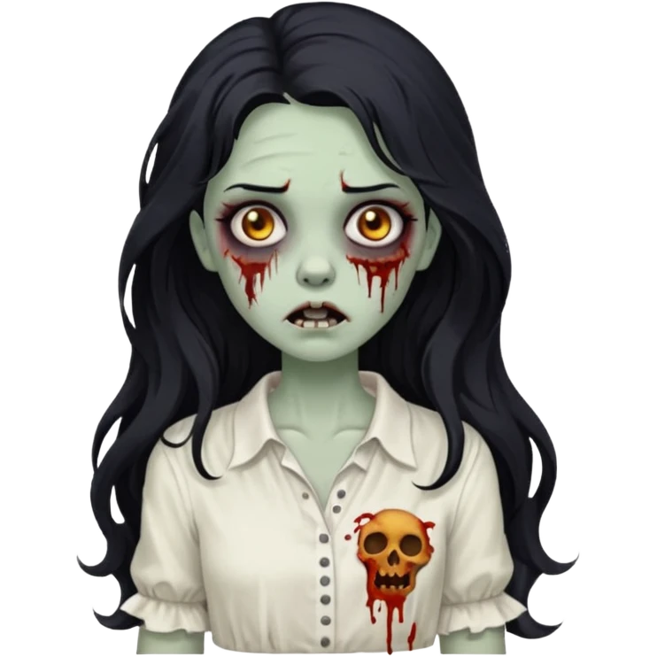 garota zumbi com cabelo preto ondulado longo blusa branca emoji