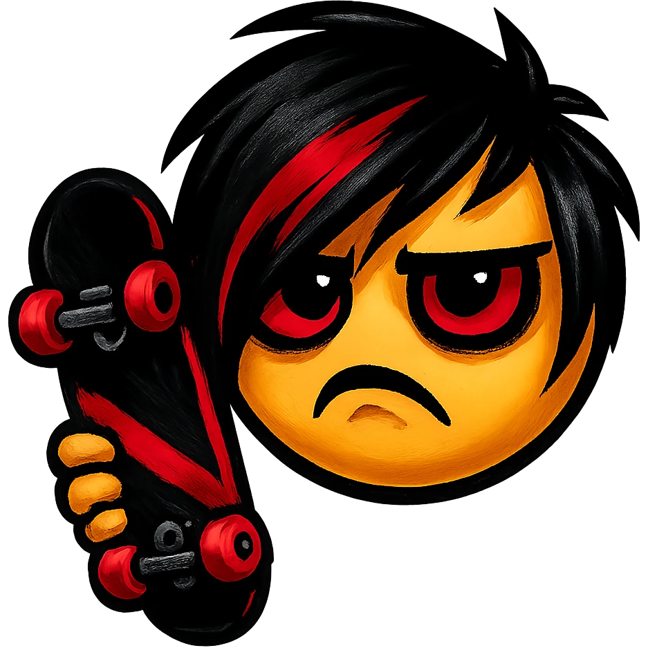emo emoji, black and red skateboard, edgy and expressive emoji
