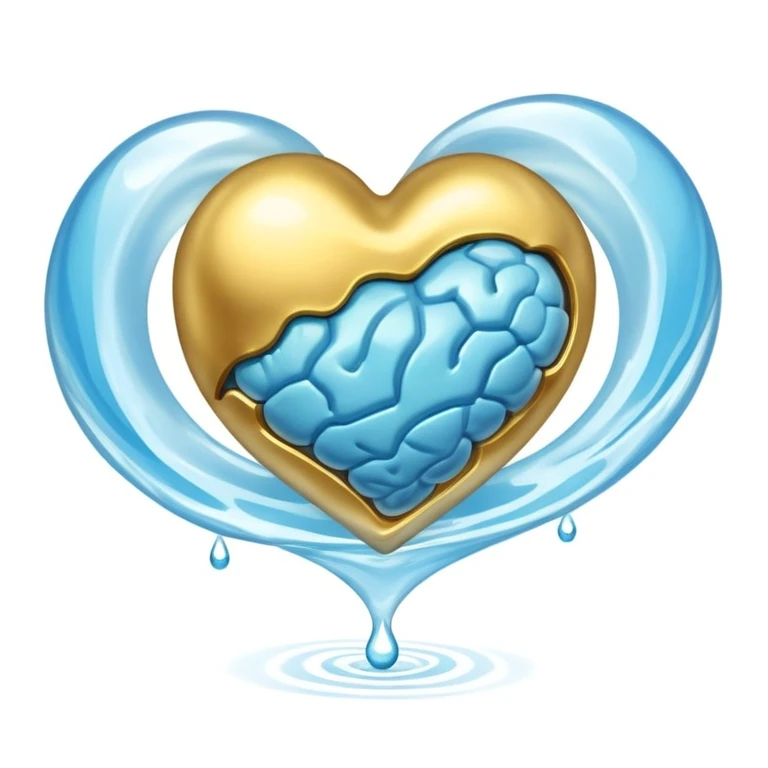 Golden floating capsule wrapped in soft blue liquid waves, slowly spinning around a translucent heart and a shining brain, with flashes of calmness that expand like waves in water emoji