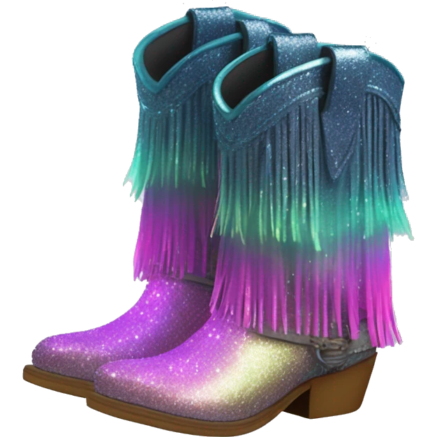 Realistic Northern Lights pair of fashion cowgirl boots with sparkly shiny glitter fringe on them. emoji