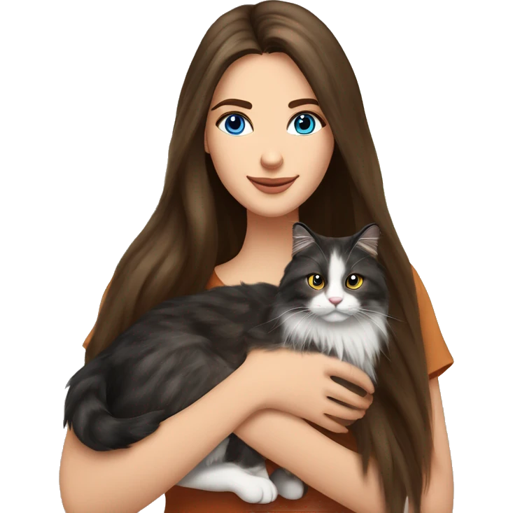 long straight haired blue eyed brunette woman holding norwegian forest cat with amber eyes emoji