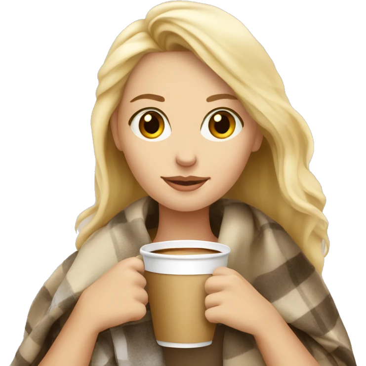 blonde girl in with a blanket and a latté coffe emoji