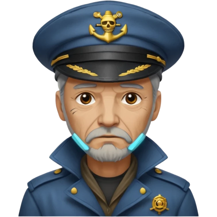 Cyberpunk sea captain with hat man, old, semi-sad expression emoji