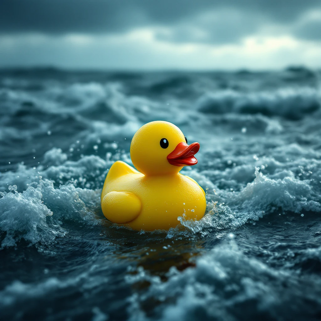  Cinematic still, Extreme Closeup shot of Yellow duck toy on ocean during cloudy day, stormy sea, Camera from top, inspired by interstellar emoji