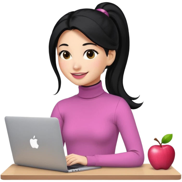 a woman with long sleeve turtle neck top and smile, her hair is long black pony tail, her eyes color are black and the color of her lip is soft pink with apple notebook (macbook). her jab is digital designer. emoji