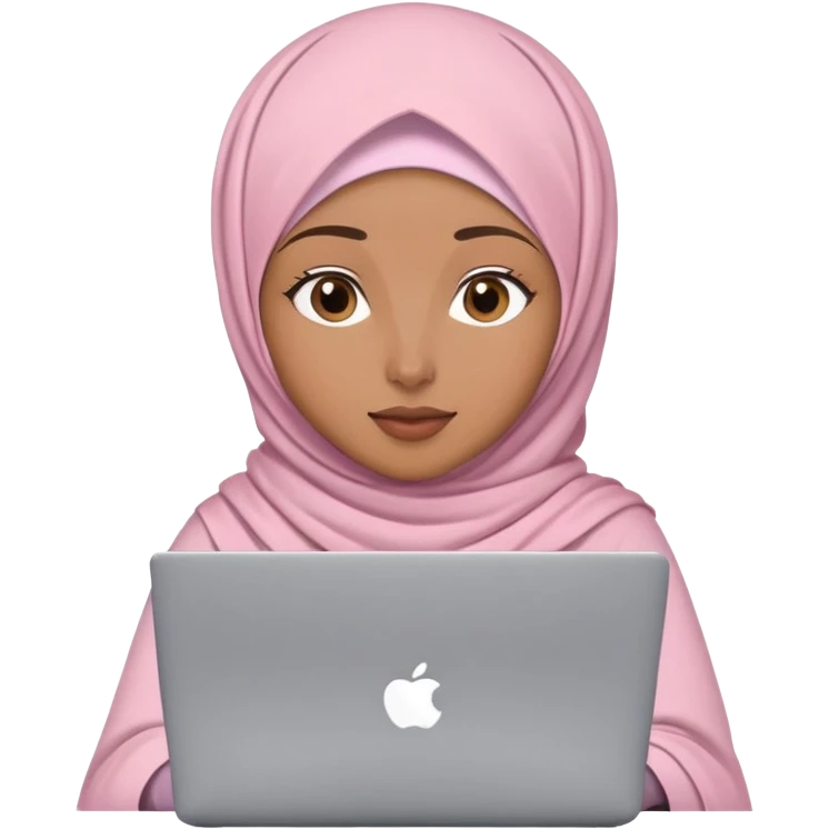Light brown skin woman wearing modern loose light pink hijab working behind laptop emoji