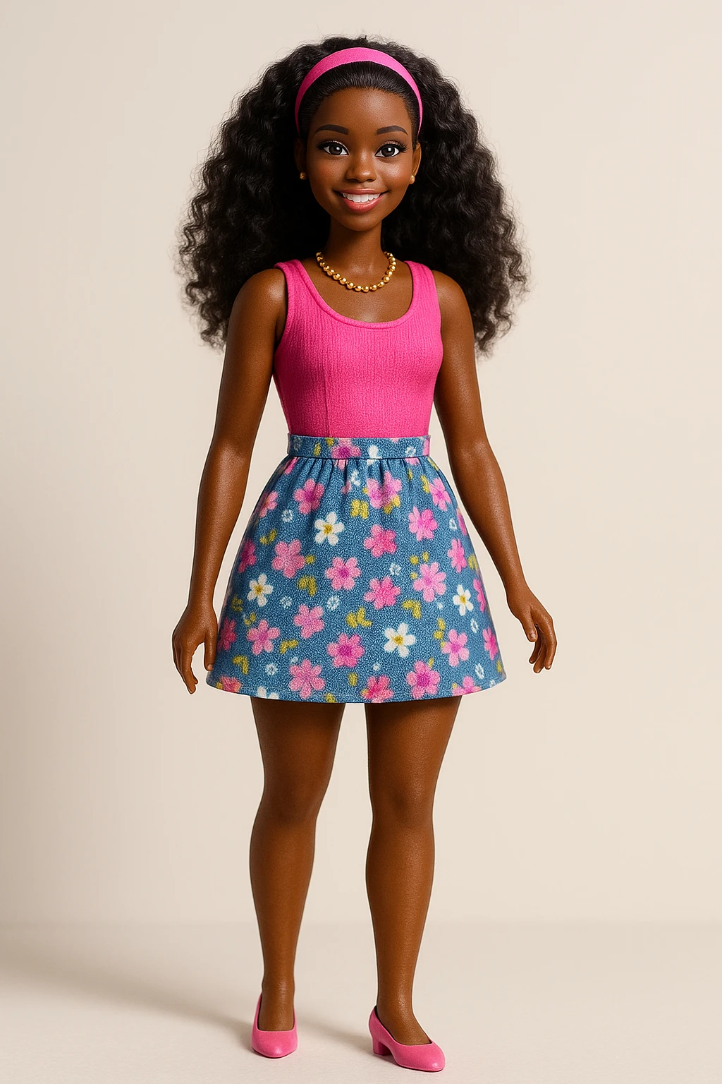 classic Barbie doll with dark skin, full body, iconic style, cheerful expression, modern fashion, soft lighting emoji