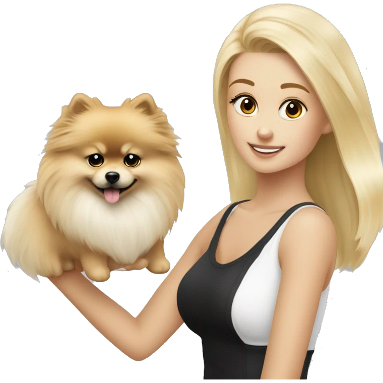 blondes mädchen mit einem schwarz weiß pomeranian auf dem arm  emoji