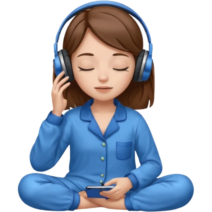 chica con pelo castaño ojos cerrados escuchando musica en pijama azul emoji