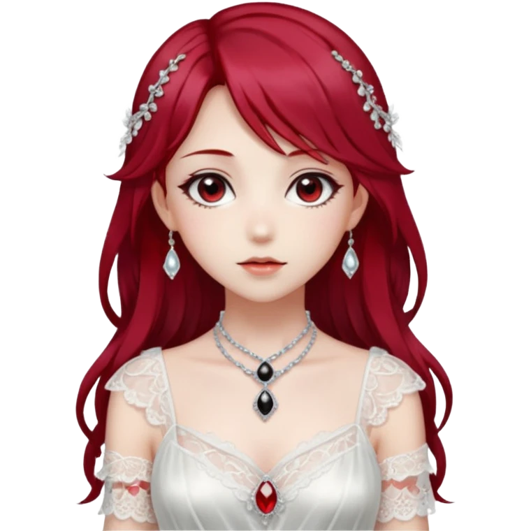 Beautiful shiny ethereal Gorgeous Anime Lady with dark hair and red hair streaks with a beautiful white silky lace dress and rubies and onyx gems  emoji