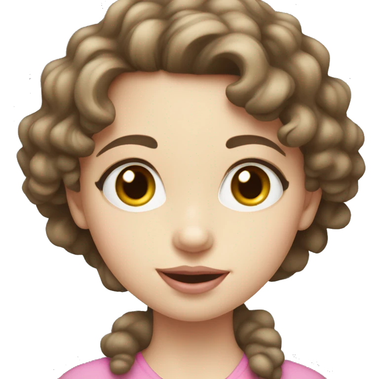 young girl with pale skin, gray eyes, chest-length curly brown hair with pink lips emoji