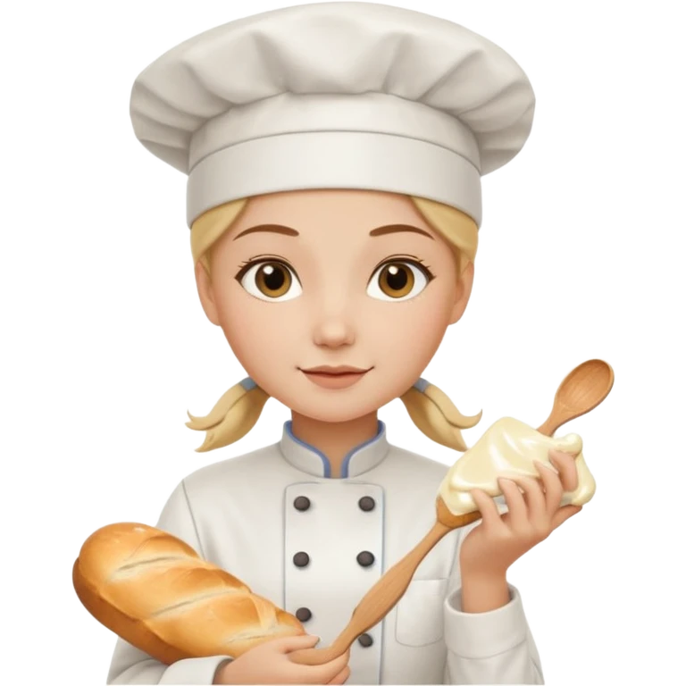 Young female baker - white chef hat, holding cream piping bag to milk oil on bread emoji