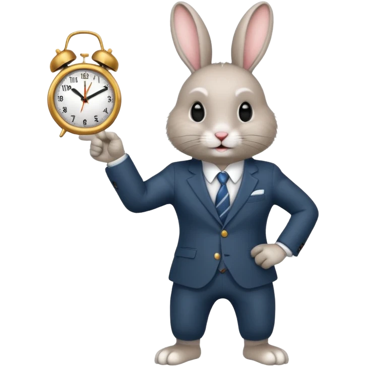 A rabbitwearing a suitand holding a clockand pointing at the clock emoji