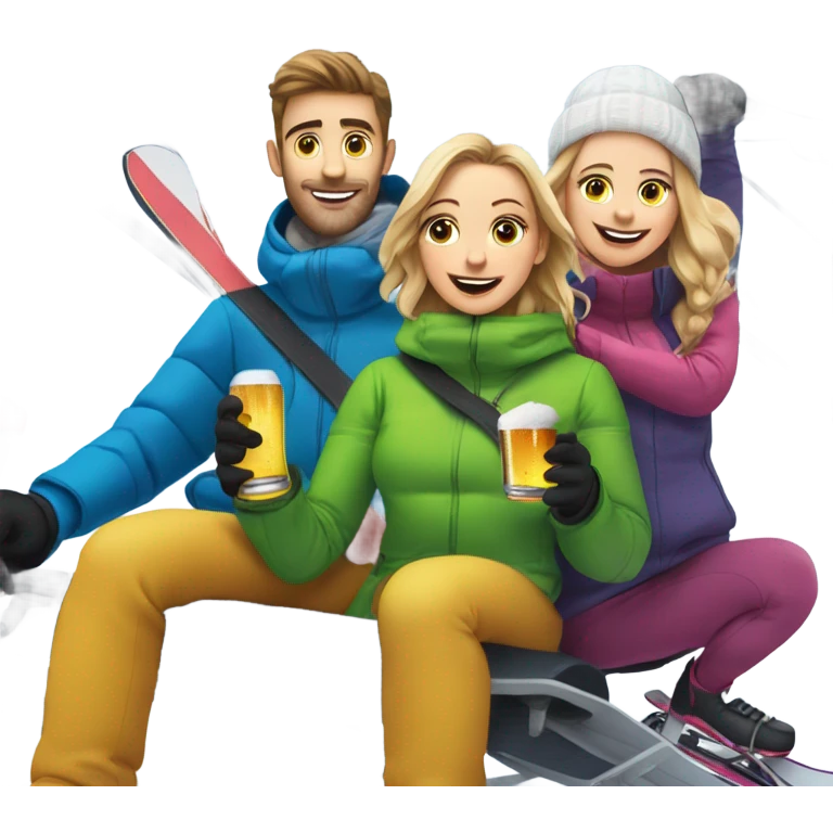 Two white girls one with skiis and one with snowboard  one white man with skis on chairlift with beer  emoji