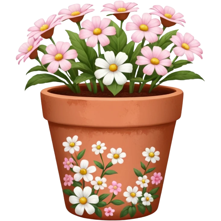 plant pot in terra cota with white and pink flowers print painted on the pot emoji