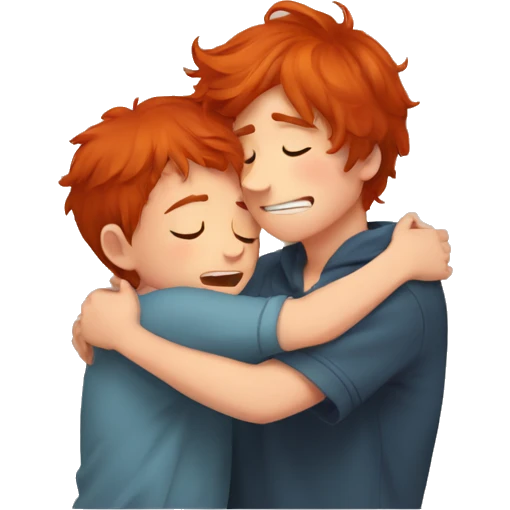 a red-haired boy hugs a crying brown-haired boy to comfort him emoji