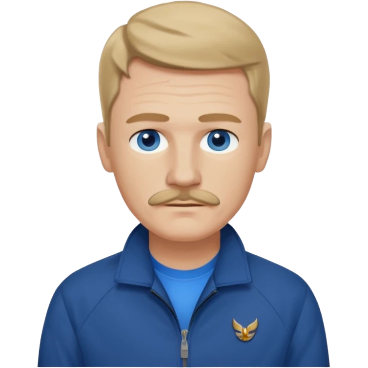 Coach Heider from Mysterious Skin with blue eyes, dark blonde hair and thin mustache, dark blue shirt, white jacket emoji