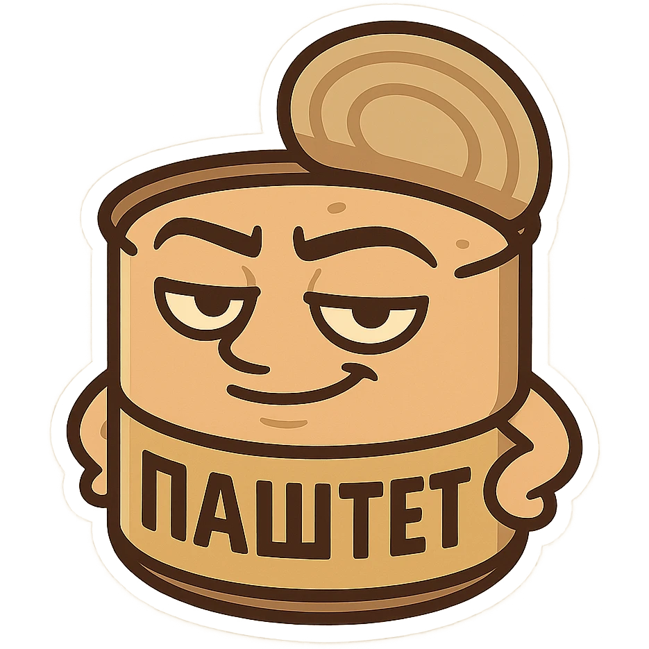 Chibi open pâté can character, masculine confident look, relaxed smug smile, heavy eyelids, strong outline, simple emoji style, neutral warm colors, minimal design, Twitch emote optimized, Cyrillic text "ПАСТЕТ" bold and clear emoji