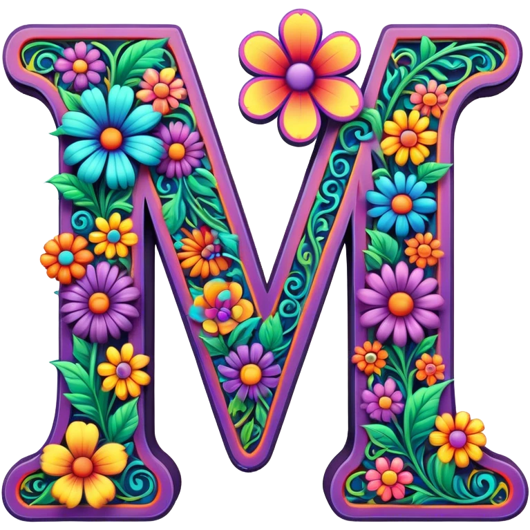 3D, gothic style psychedelic colored capital Letter M with hippie style flower border emoji