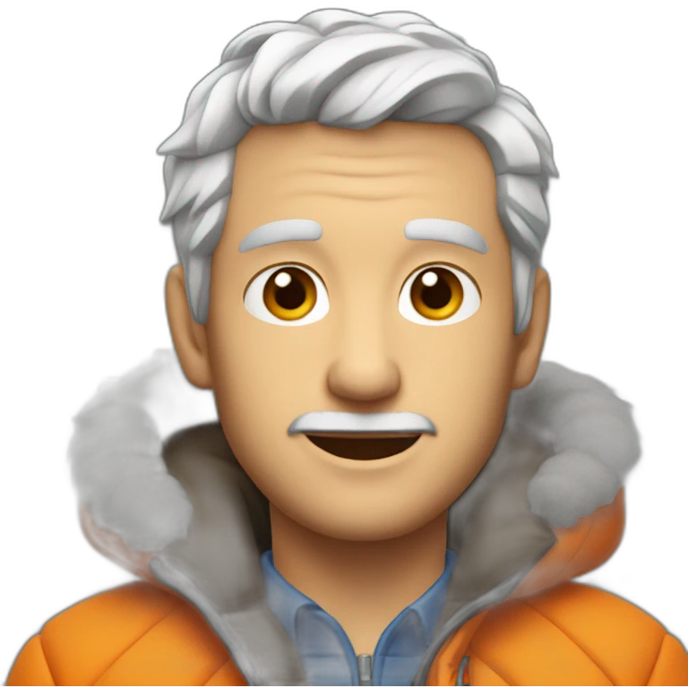 young gray-haired white man with an orange down jacket emoji