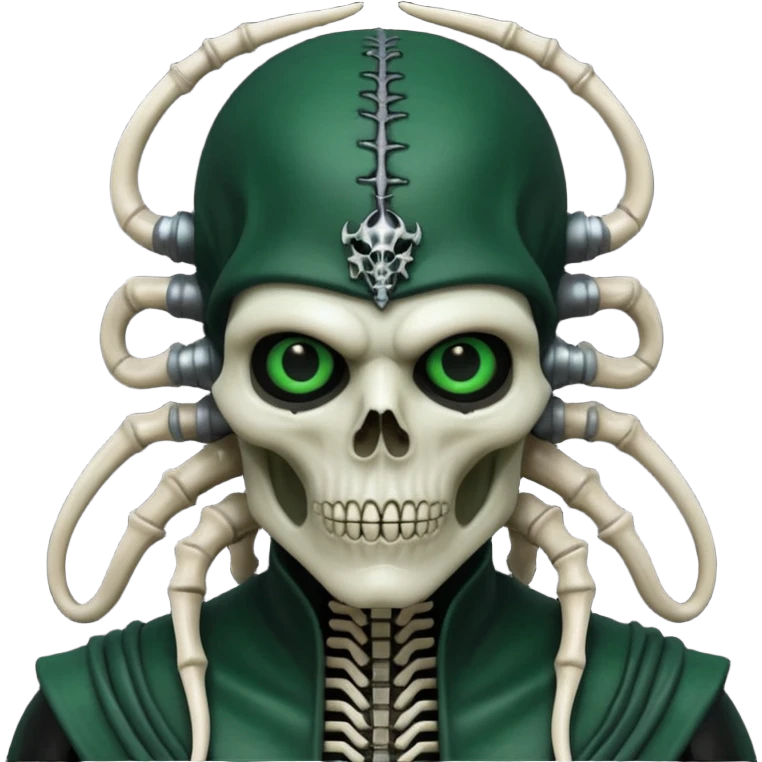 HR giger, wires, dark green, black flesh undead sorcerer, head. bones and skin emoji