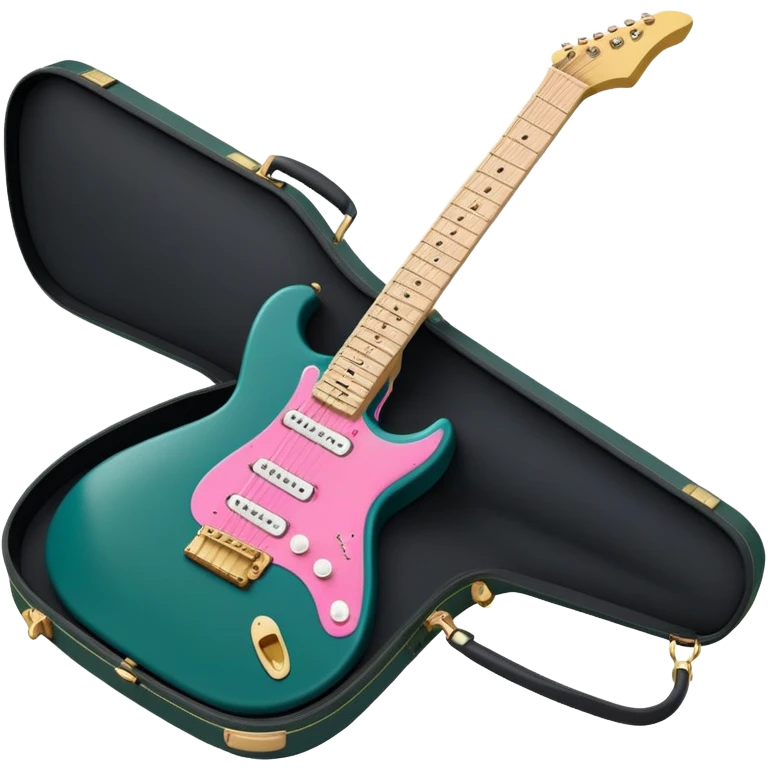minimalist electric guitar in dark green with pink and blue stripe decal, closed inside a black rectangular hard case with gold latches, flat semi-3D style, soft matte textures, simplified details, stylized decal accent emoji