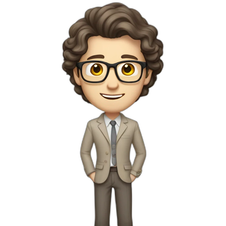 Joyful Full height Pale skinned Fit Man With dark brown hair in gray jacket, beige office shirt, Brown pants and vintage glasses. His thrumbs up emoji