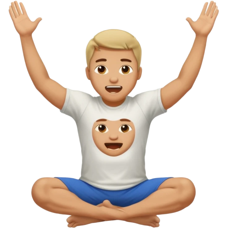 Make a normal wieght guy facing forward squatting with a t-shirt on and his hands up and his mouth open emoji