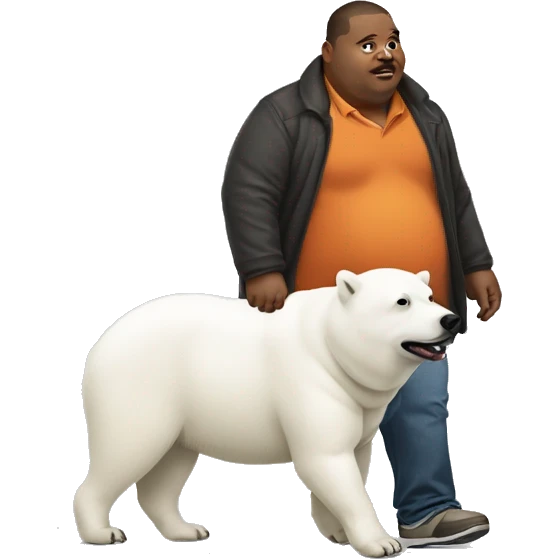 Fat man wearing a yam-aka walking a white polar bear dog emoji