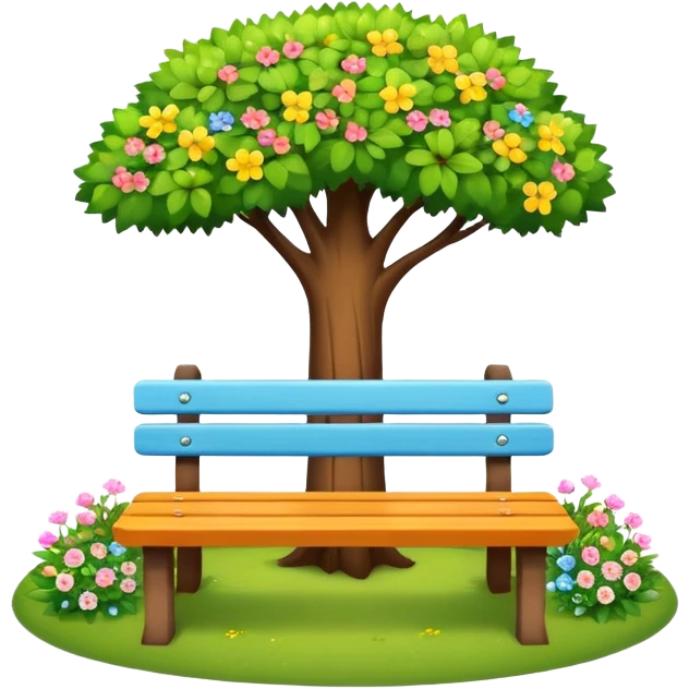 colorful bench under a tree with small flowers around, clean and friendly look emoji