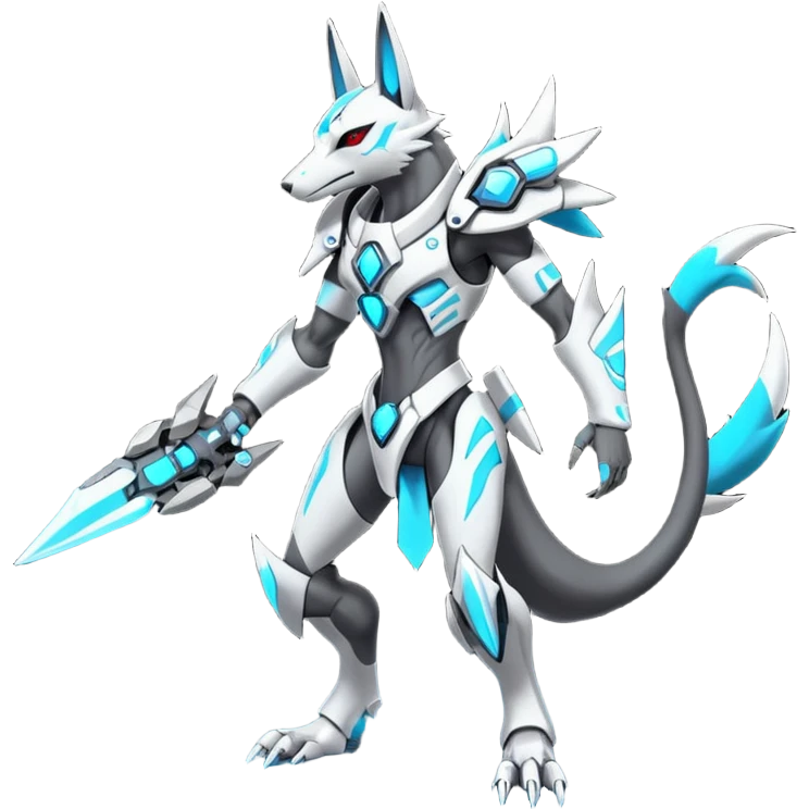 White and blue and cyan and red cyberpunk intricate neon glowing grey white futuristic cyborg-Anubis-Zeraora-Zoroark-fusion (full body) emoji