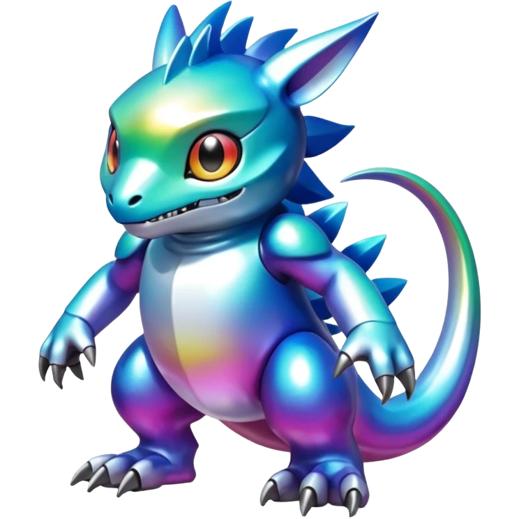 white iridescent colorful metallic alloy gradient shiny glossy Fakémon-Digimon-creature-hybrid (full body) emoji