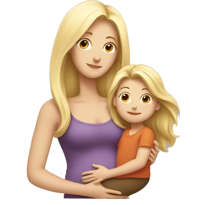long haired white woman with her son holding her belly emoji