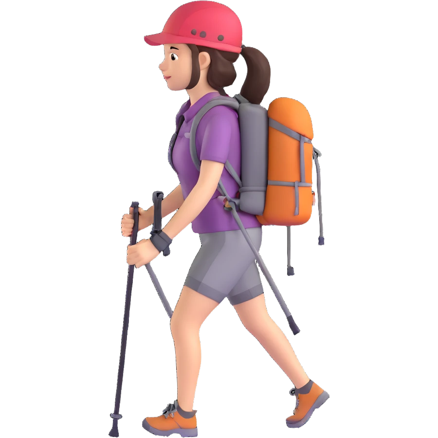 female hiker with backpack and hiking poles emoji