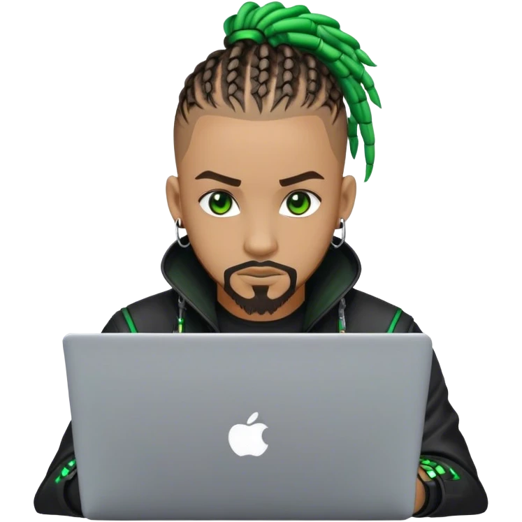 Light skinned African American male with green eyes as a cyberpunk hacker with cornrows hairstyle but short cornrows  with lite goatee facial hair  coding on laptop  emoji