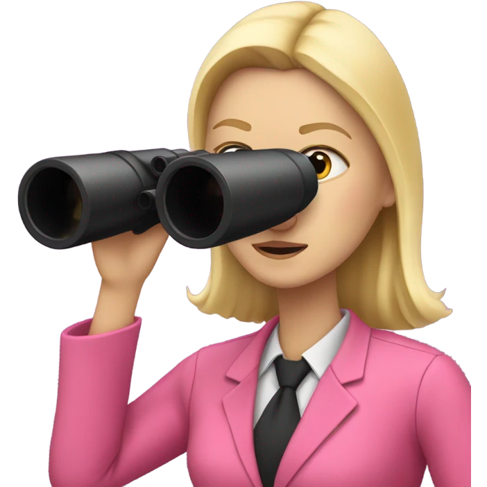 white female employee with loose blonde hair wearing intensive color pink suit looking in binoculars emoji