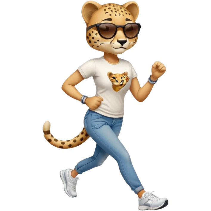 friendly anthropomorphised female cheetah in jeans and t-shirt, wearing dark sunglasses, jogging upright in standard pose emoji